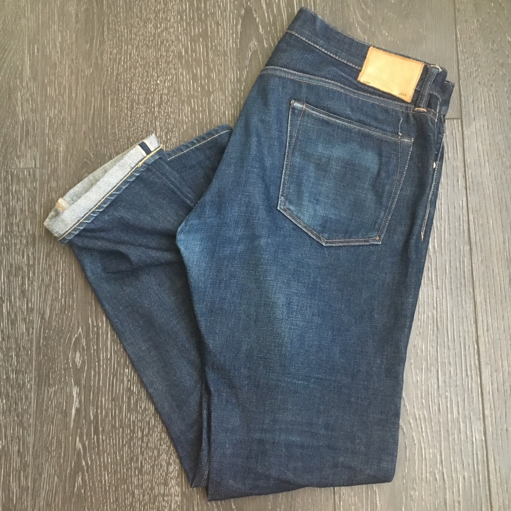 Simon Miller Men’s Slim Jeans in Dark Blue with Tan Patch